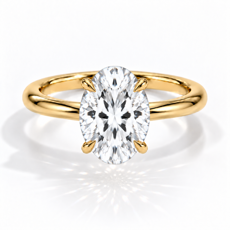 Ovaler Verlobungsring aus Gelbgold mit Labordiamant und Galerieschiene