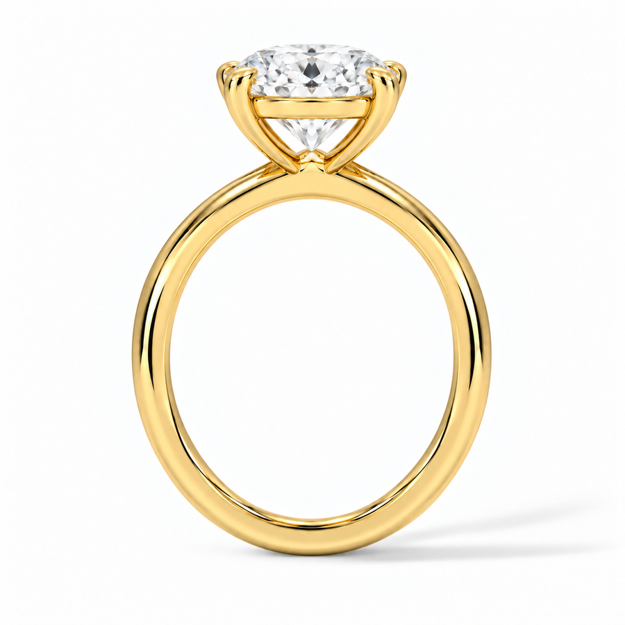 Seitenansicht: Ovaler Verlobungsring aus Gelbgold mit Labordiamant und Galerieschiene