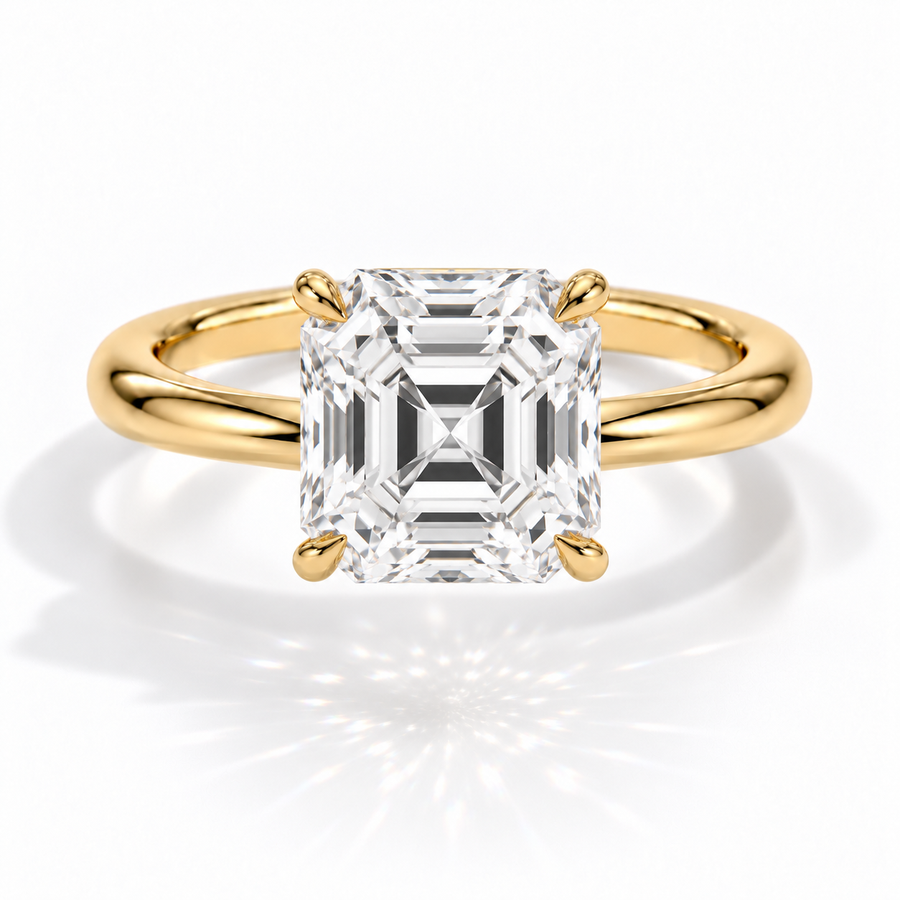 Asscher Verlobungsring aus Gelbgold mit Labordiamant und Galerieschiene