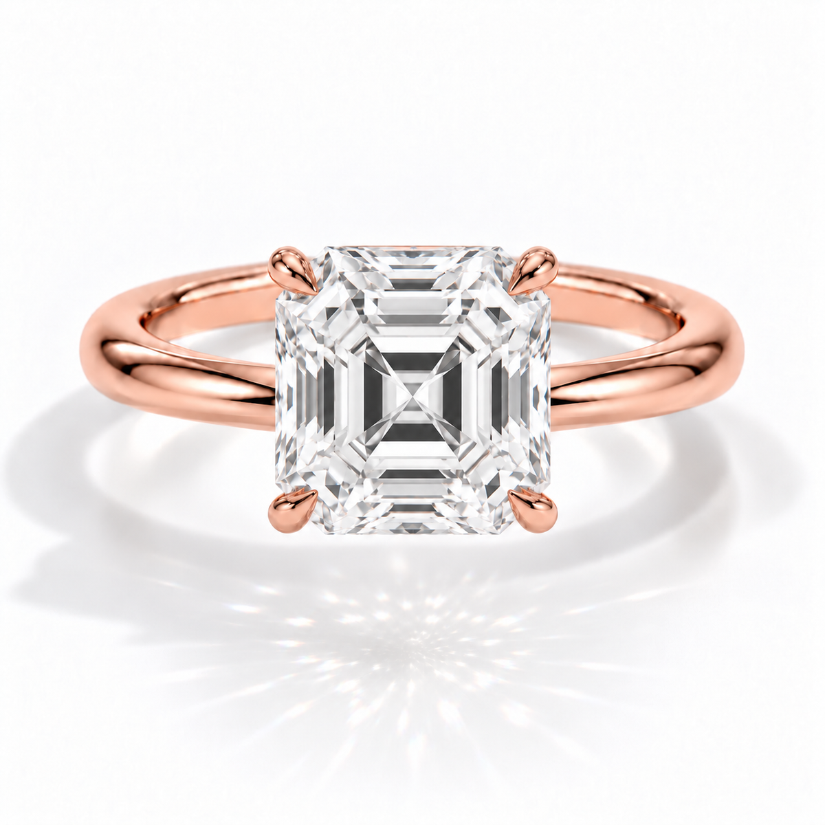 Asscher Verlobungsring aus Roségold mit Labordiamant und Galerieschiene