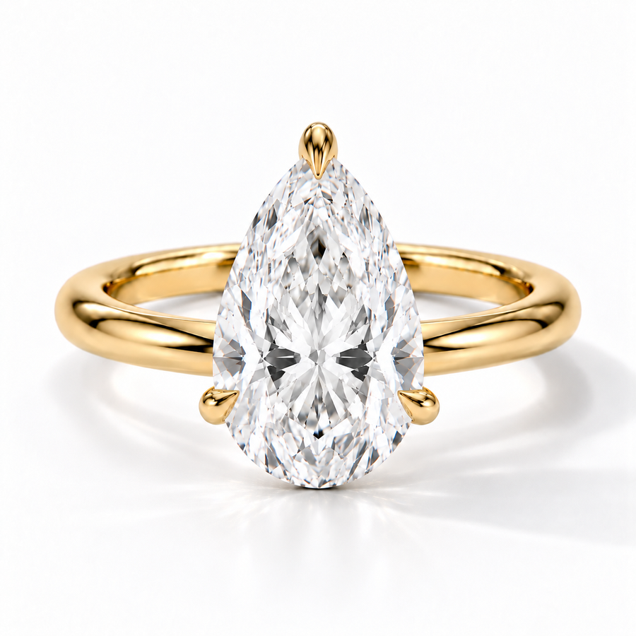 Tropfen Verlobungsring aus Gelbgold mit Labordiamant und Galerieschiene