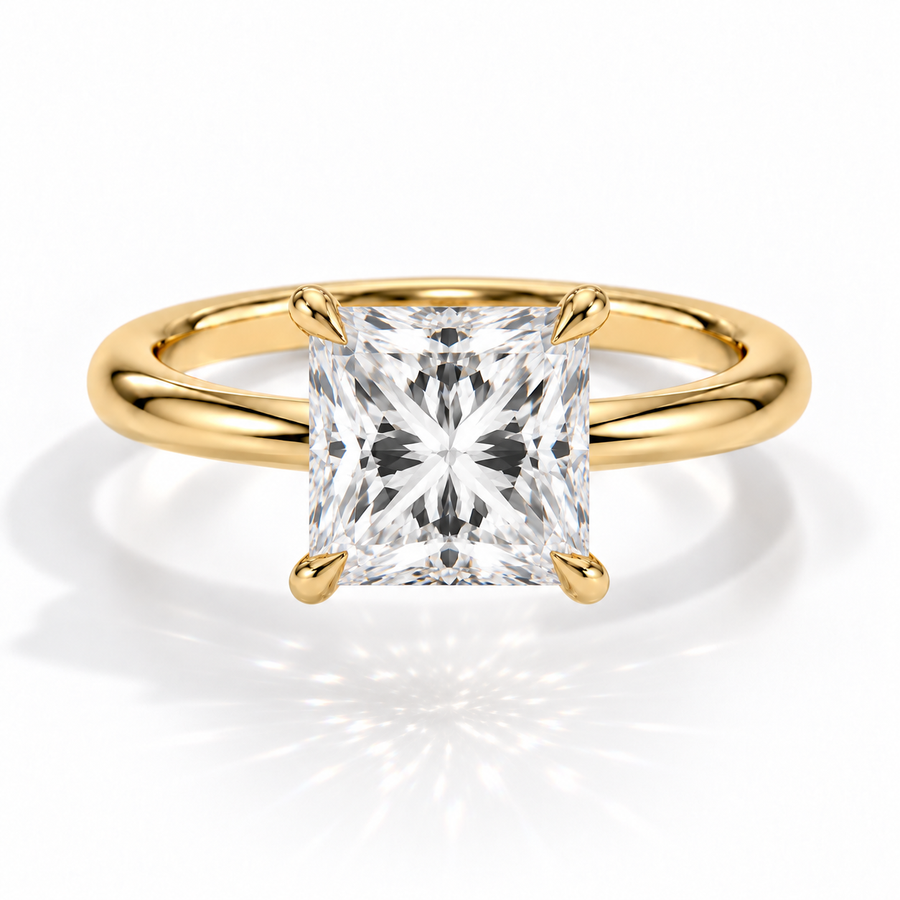 Princess-Cut Verlobungsring aus Gelbgold mit Labordiamant und Galerieschiene
