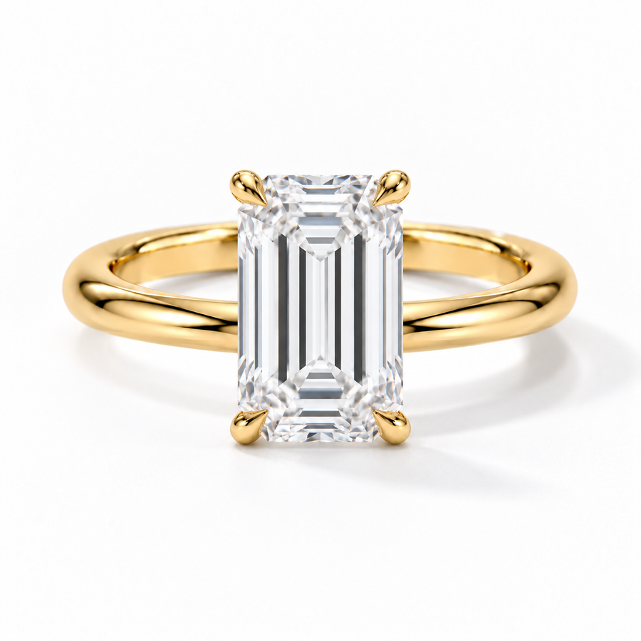 Emerald Verlobungsring aus Gelbgold mit Labordiamant und Hidden Halo und Galerieschiene