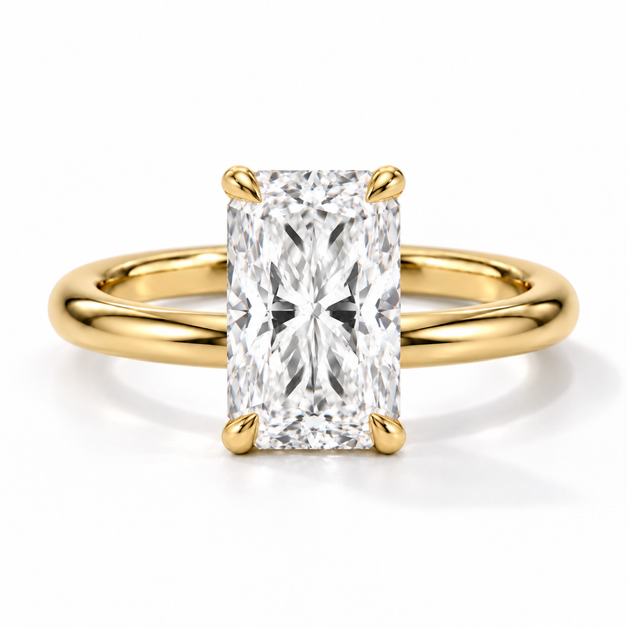 Radiant Verlobungsring aus Gelbgold mit Labordiamant und Hidden Halo und Galerieschiene