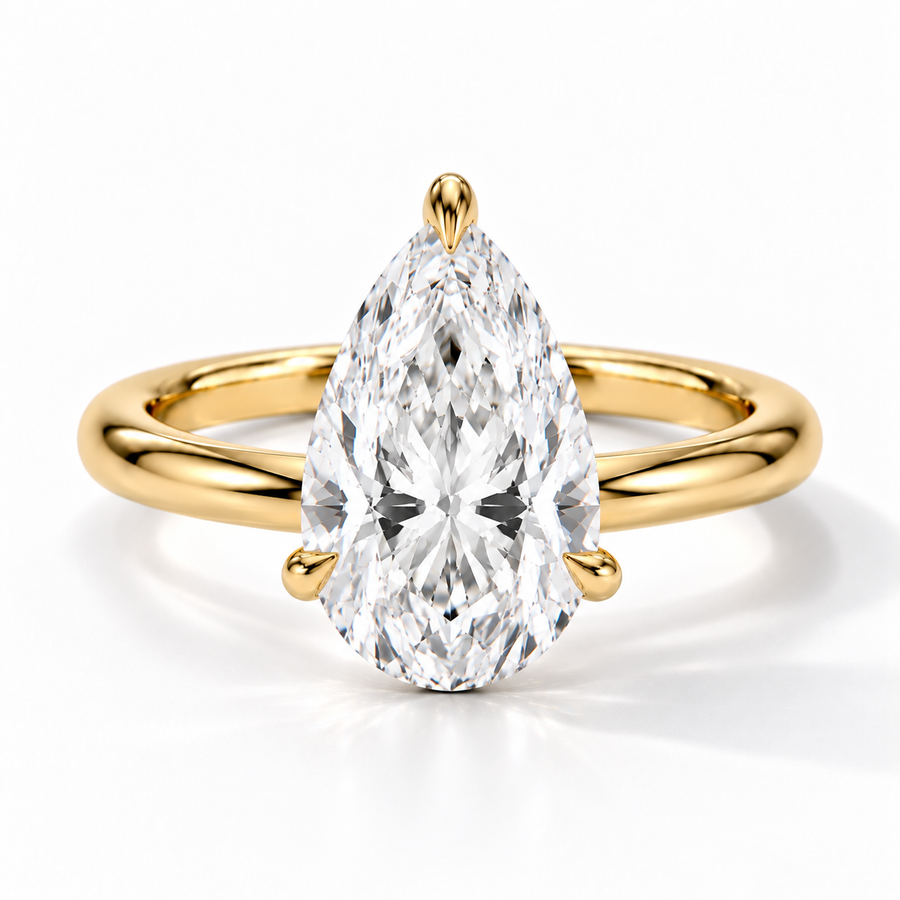 Tropfen Verlobungsring aus Gelbgold mit Labordiamant und Hidden Halo und Galerieschiene