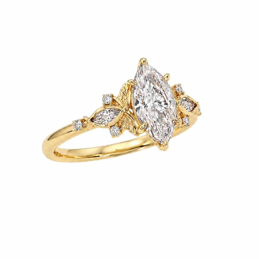 Marquise Cluster-Verlobungsring aus Gelbgold mit Labordiamant