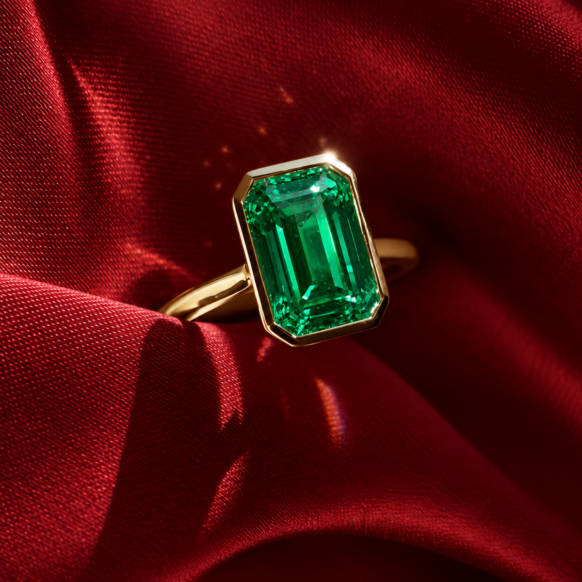 Gia Verlobungsring mit grünem Laborsmaragd im Emerald-Schliff und Bezel-Fassung in Gelbgold – auf rotem Stoff