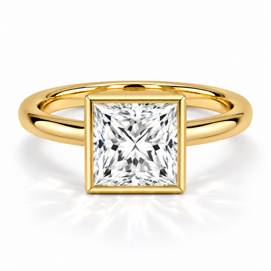 Princess-Cut Bezel-Verlobungsring aus Gelbgold mit Labordiamant