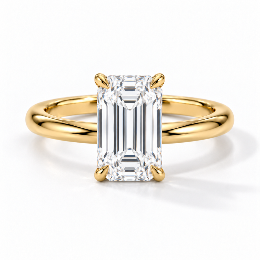 Emerald Verlobungsring aus Gelbgold mit Labordiamant und Tulpenfassung