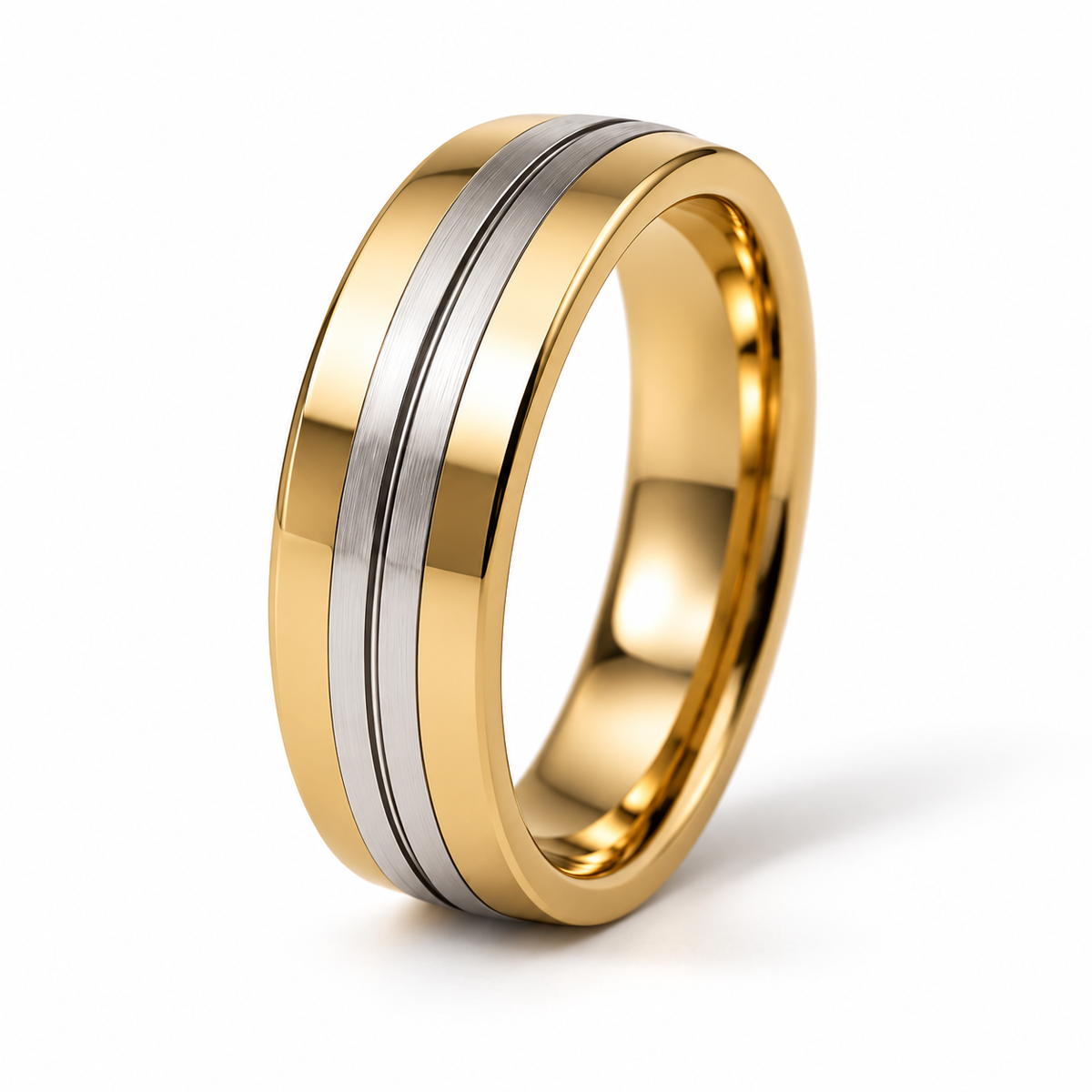 Levi Herren-Ehering Bicolor Gelbgold und Weißgold – Dreiviertelansicht auf weißem Hintergrund