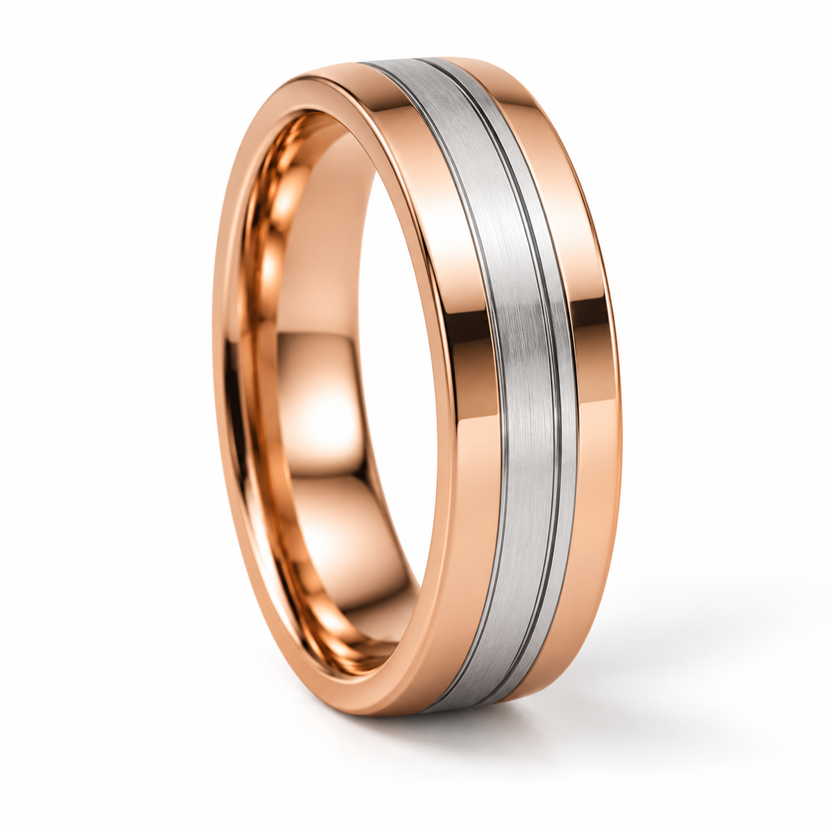 Levi Herren-Ehering Bicolor Roségold und Weißgold – gegenüberliegende Ansicht auf weißem Hintergrund