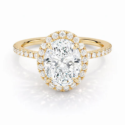 Ovaler Halo-Verlobungsring aus Gelbgold mit Pavé-Ringschiene