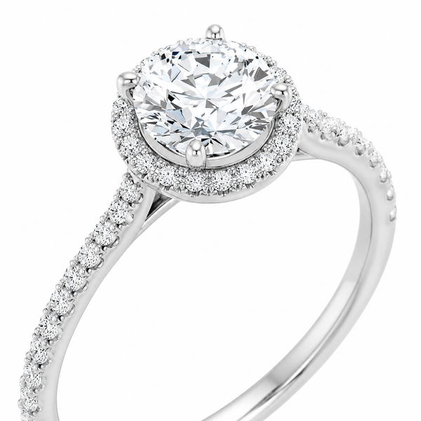 Runder Diamantring mit Halo und Pavé-Ringschiene