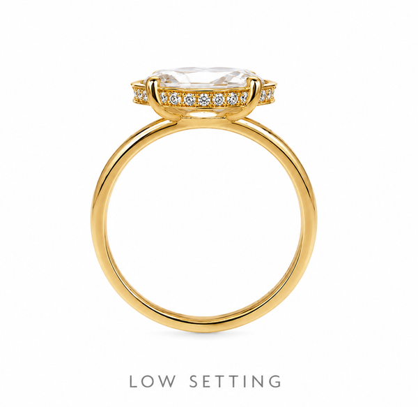 Diamantring aus Gelbgold mit flacher Fassung in Seitenansicht