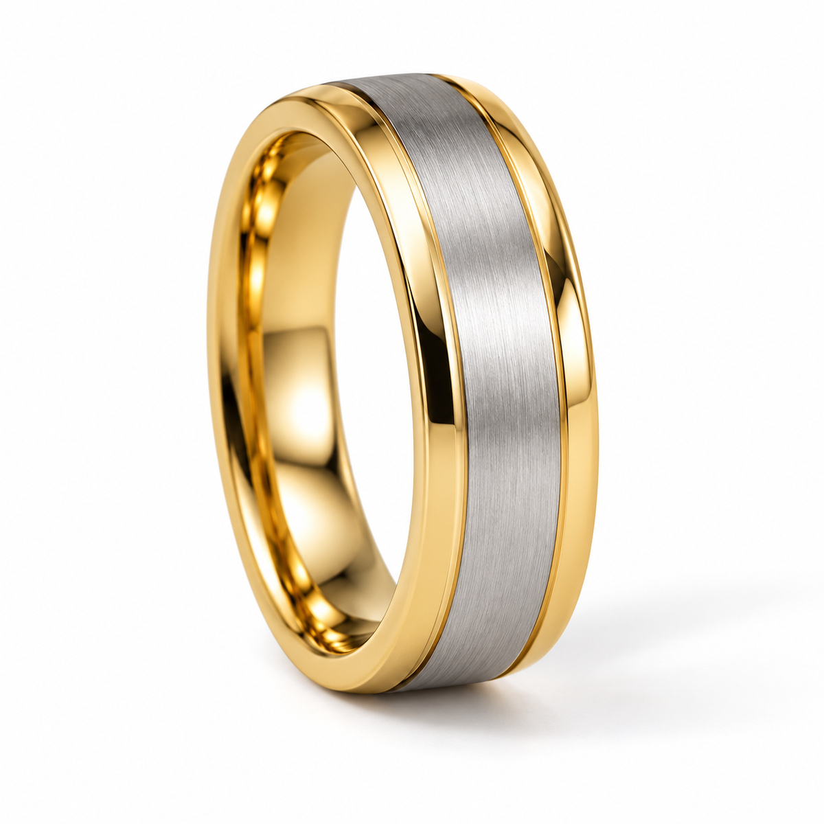 Matteo Herren-Ehering Bicolor Gelbgold und Weißgold – gegenüberliegende Ansicht auf weißem Hintergrund