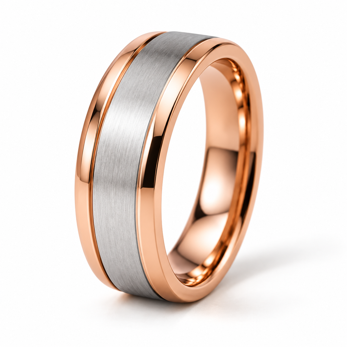 Matteo Herren-Ehering Bicolor Roségold und Weißgold – Dreiviertelansicht auf weißem Hintergrund
