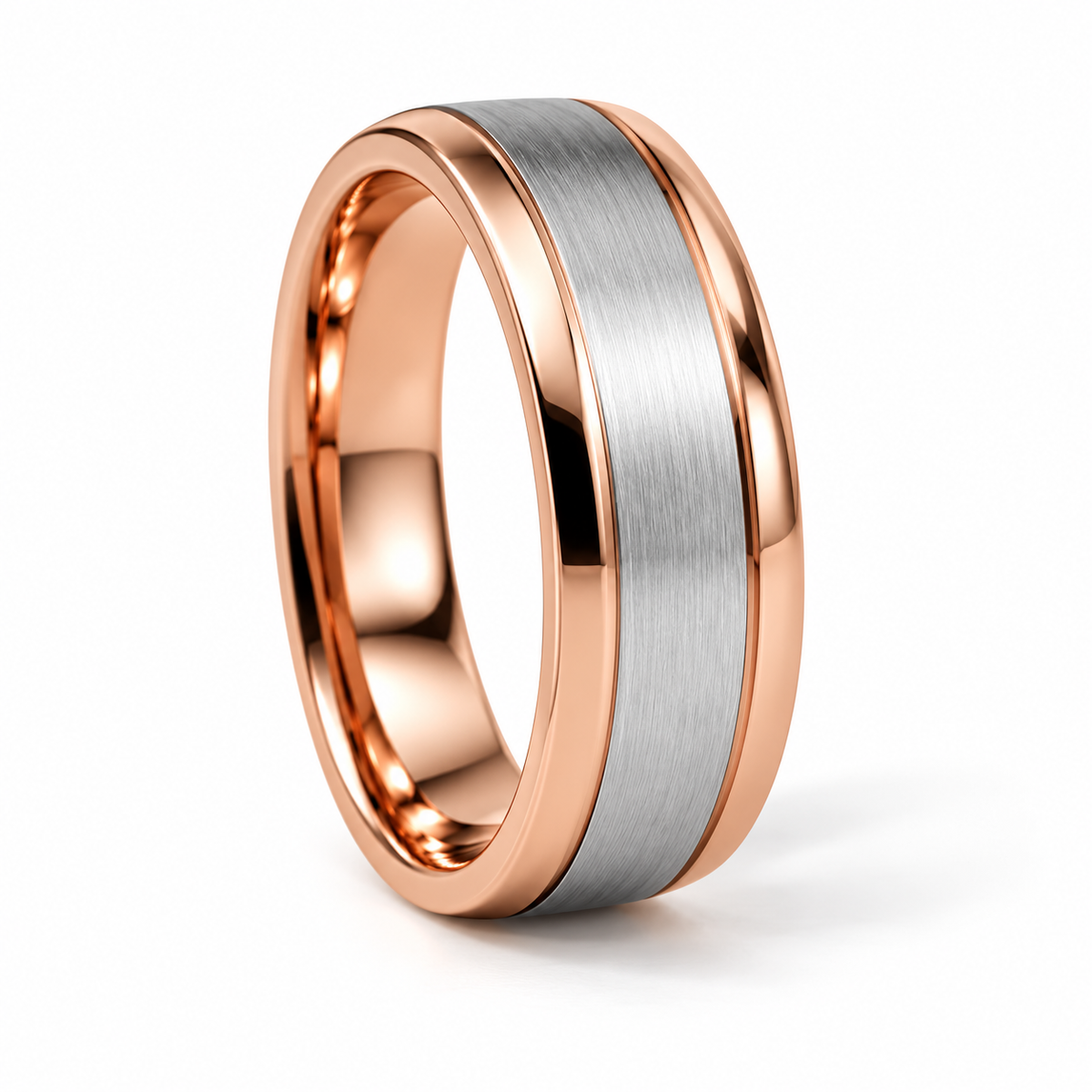 Matteo Herren-Ehering Bicolor Roségold und Weißgold – gegenüberliegende Ansicht auf weißem Hintergrund