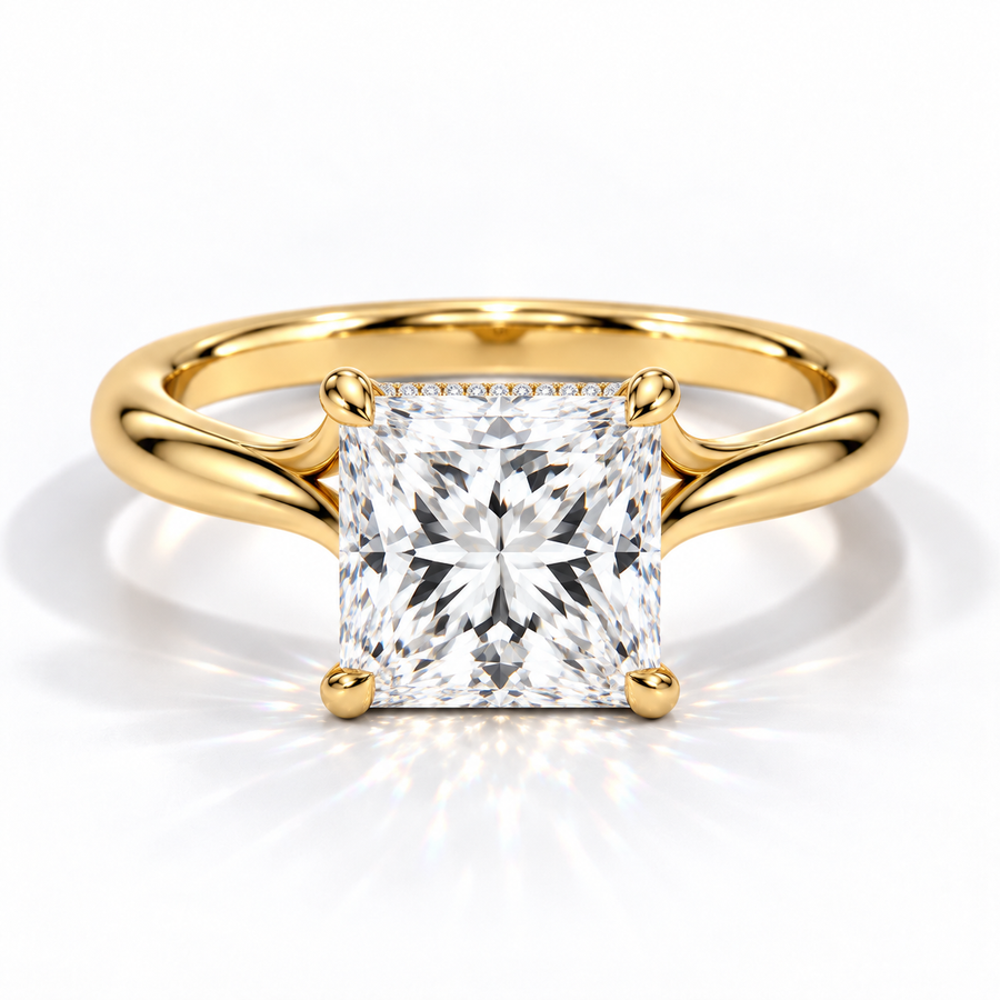 Princess-Cut Verlobungsring aus Gelbgold mit Labordiamant und Hidden Halo und Cathedral-Fassung