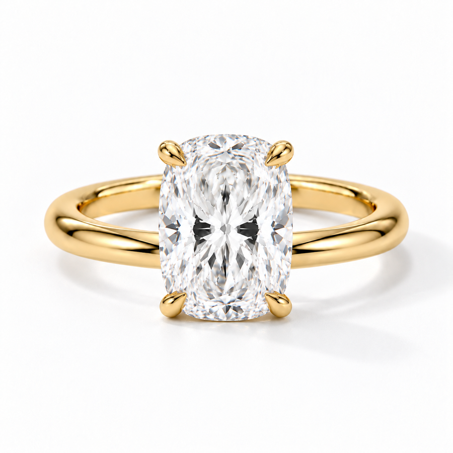 Cushion Verlobungsring aus Gelbgold mit Labordiamant und flacher Fassung