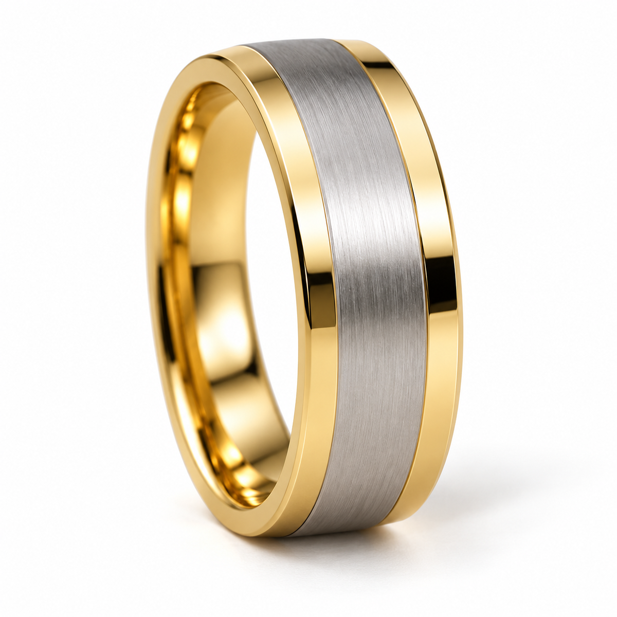 Vincent Herren-Ehering Bicolor Gelbgold und Weißgold – gegenüberliegende Ansicht auf weißem Hintergrund